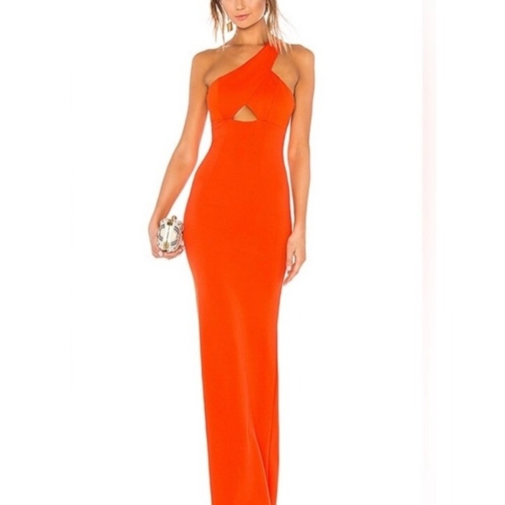 NBD One Shoulder Maxi Dress Womens Small‎ Orange Asymmetrical Cutout Gown